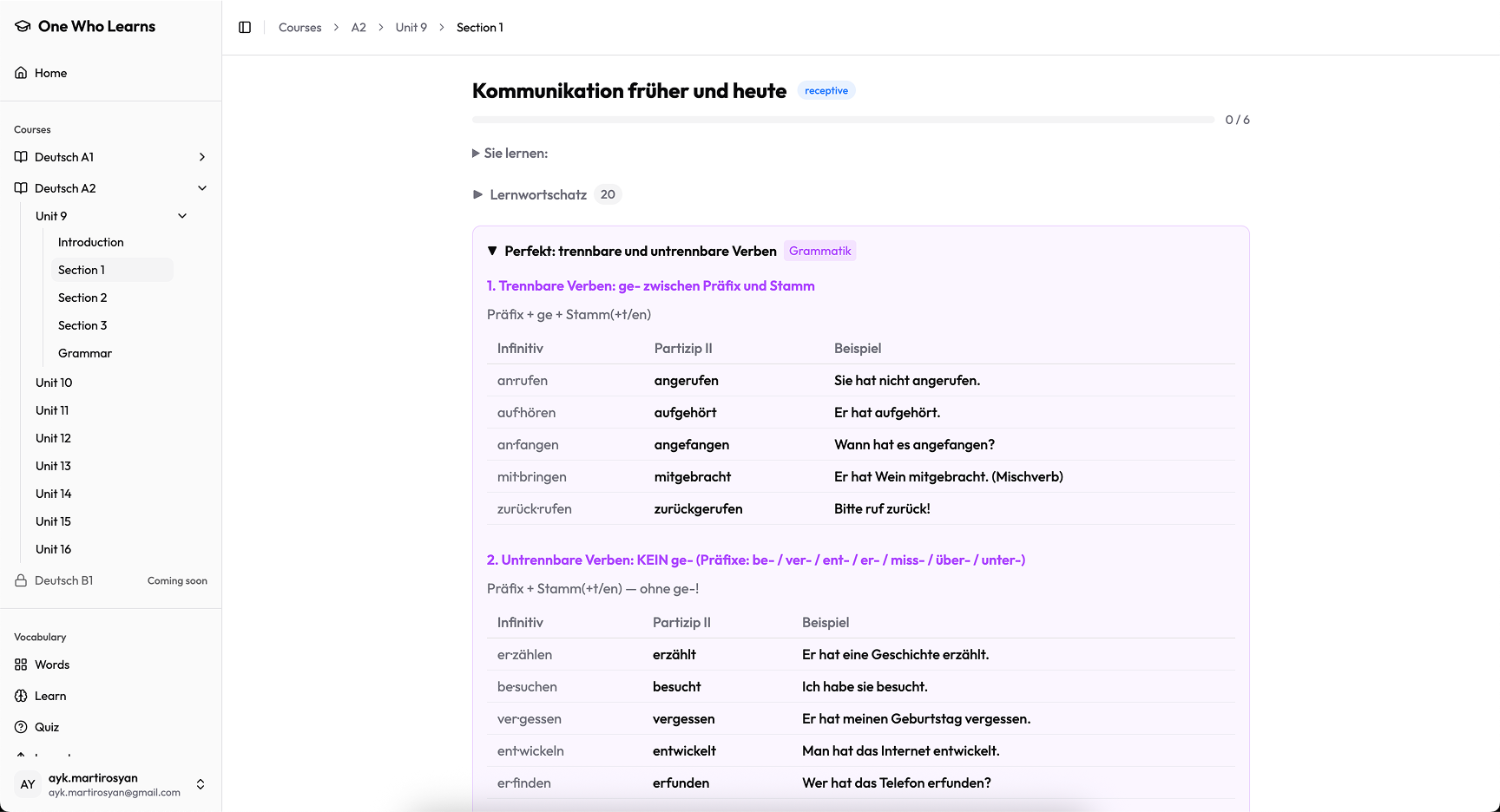 One Who Learns structured German course with interactive exercises