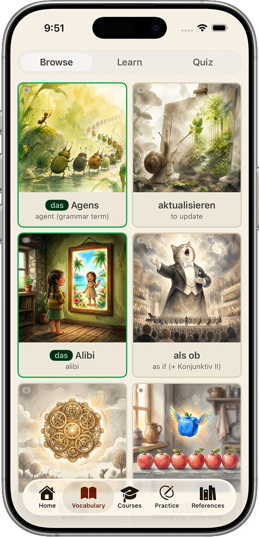 One Who Learns iOS app showing a vocabulary deck