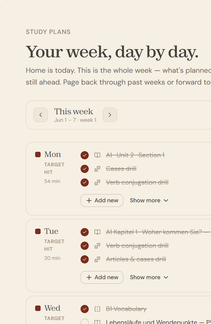 Week-by-week study schedule