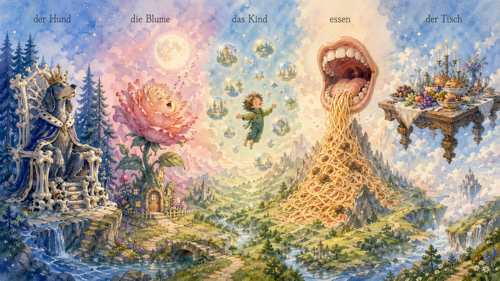 Memory palace landscape infographic showing surreal scenes for German vocabulary words: der Hund on a bone throne, die Blume singing to the moon, das Kind with magical bubbles, essen as a mouth eating a spaghetti mountain, der Tisch as a floating feast