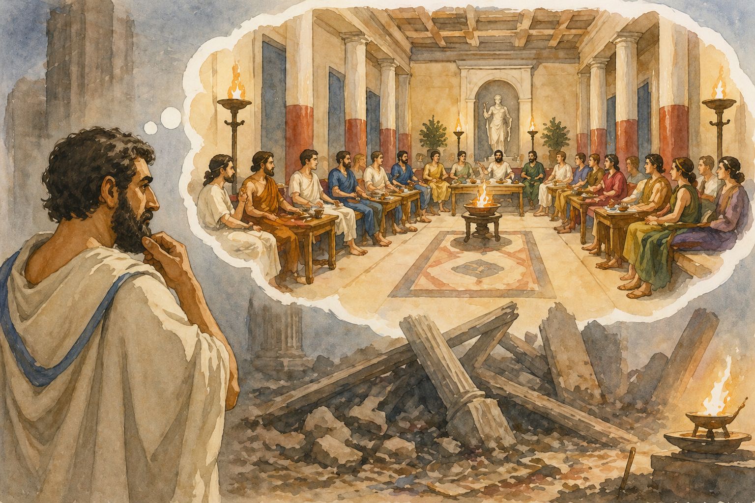 Watercolor illustration of Simonides of Ceos walking out of a Greek banquet hall moments before its collapse, the founding scene of the method of loci memory technique