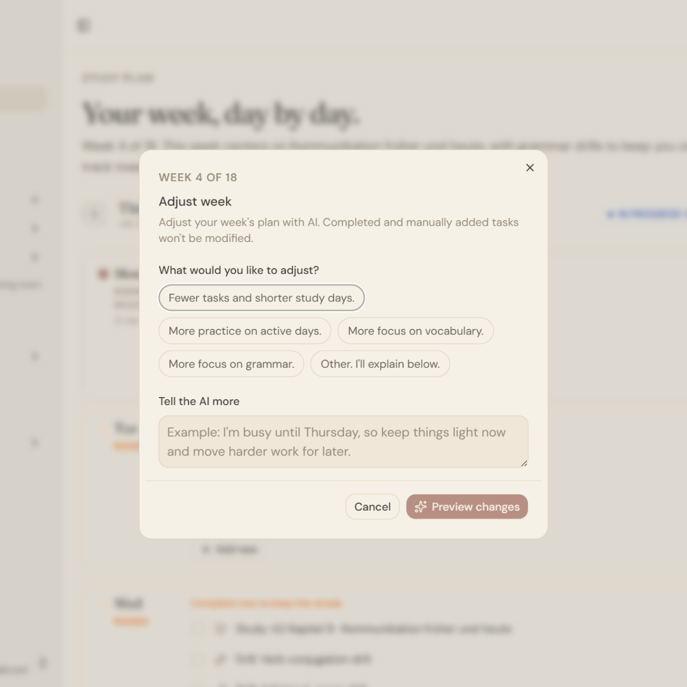 Adjusting a week with AI: fewer tasks, more practice on active days, or more focus on grammar