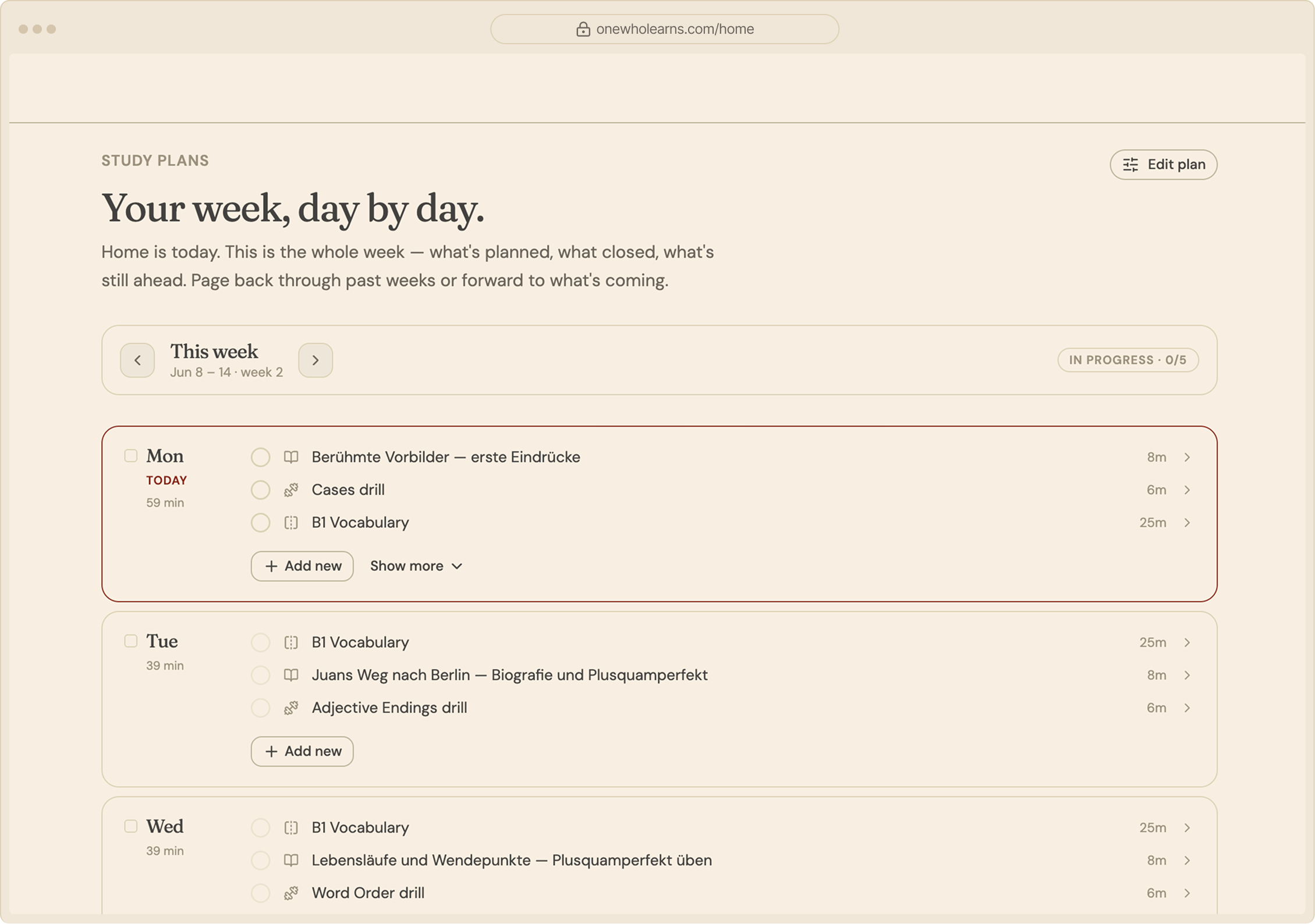 The study plan week view: each day with German lessons, drills, and vocabulary, each with a time estimate