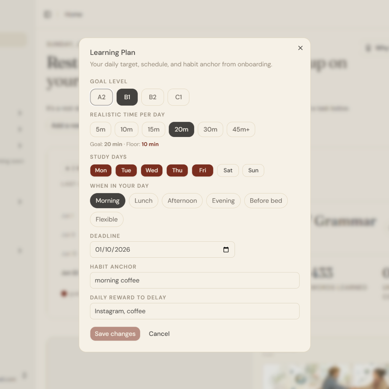 Setting up a learning plan: goal level, realistic time per day, study days, and a deadline