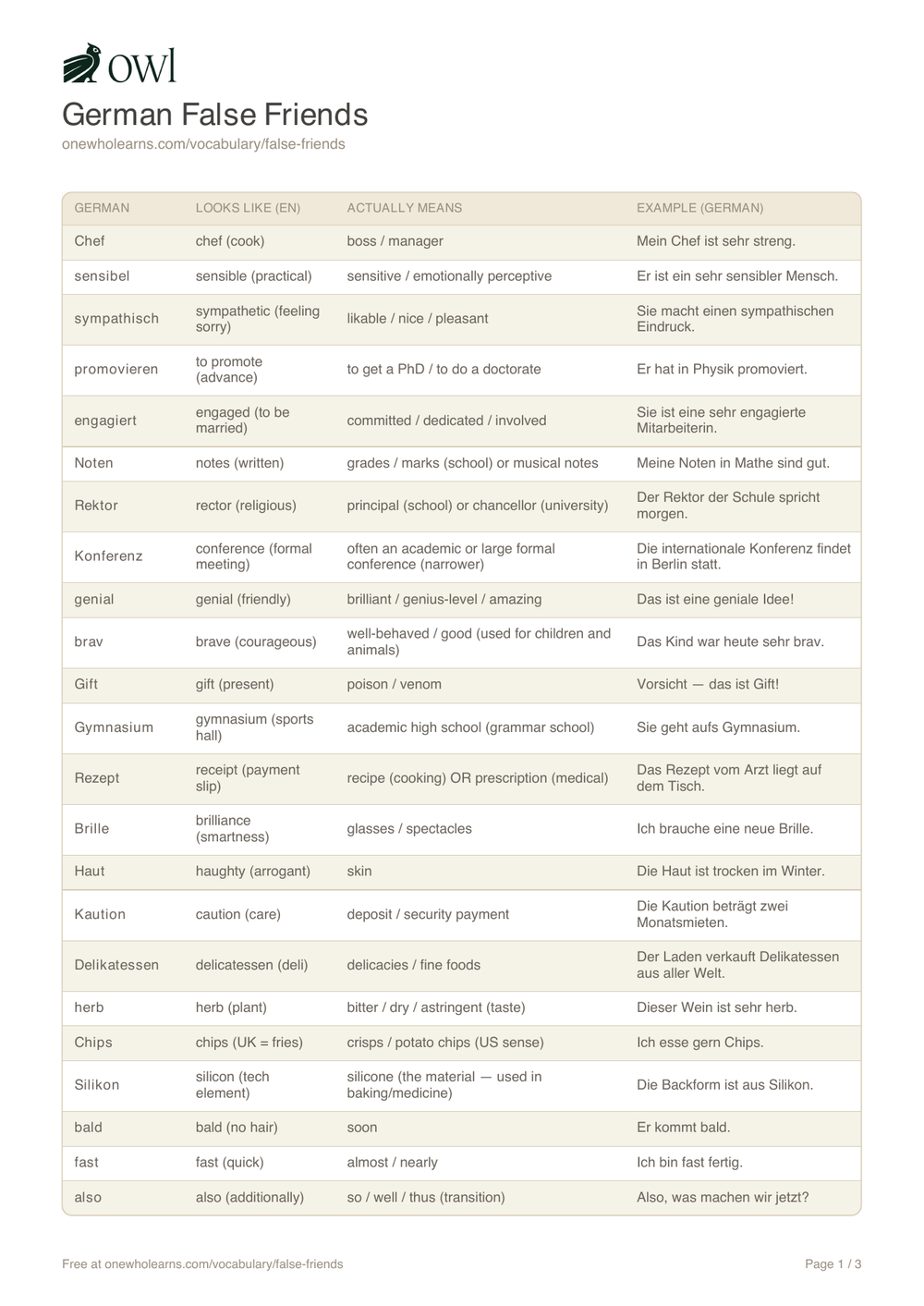 Preview of the free English-German false friends list PDF with examples