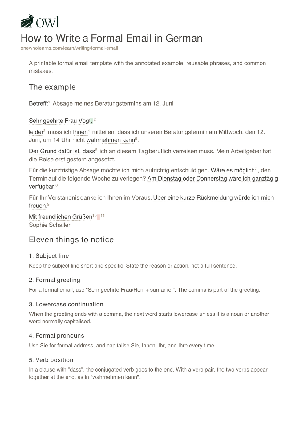 Preview of the free formal German email template PDF with an annotated example and common mistakes
