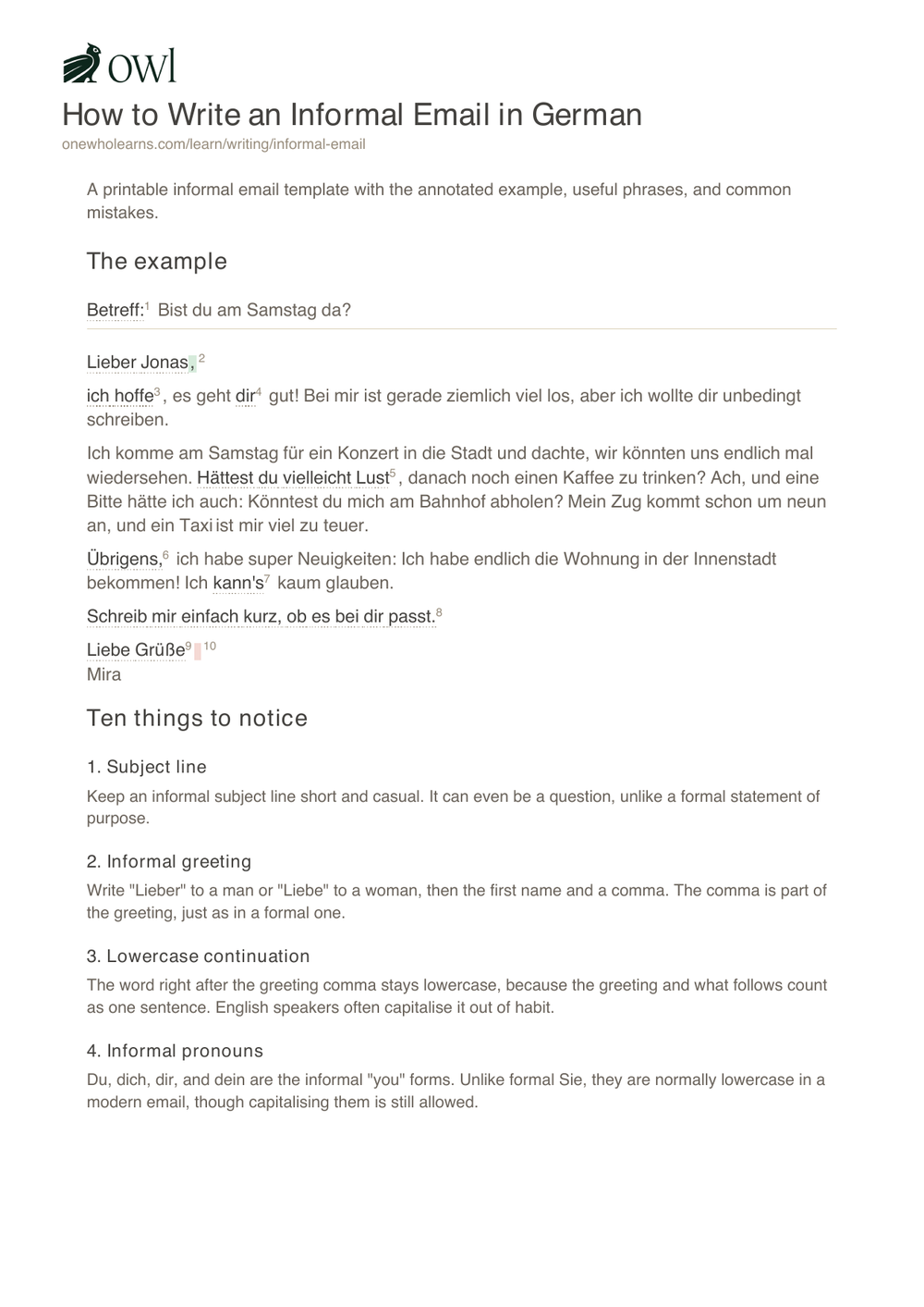 Preview of the free informal German email template PDF with an annotated example and common mistakes